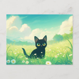 Carte Postale Chaton noir dans un pré ensoleillé de fleurs de ma