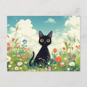 Carte Postale Chaton noir dans une ensoleillée prairie estivale