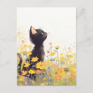 Carte Postale Chaton noir dans une prairie d'été aux fleurs sauv