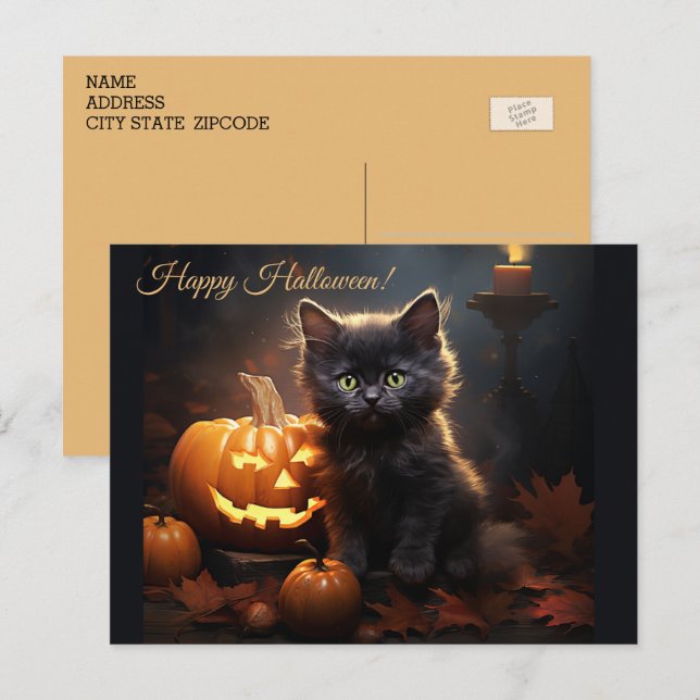 Carte Postale Chaton noir Halloween, citrouilles de Jack o Lante (Devant / Derrière)