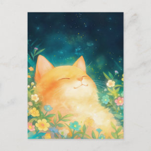 Carte Postale Chaton Orange Heureux Nuit Étoilée