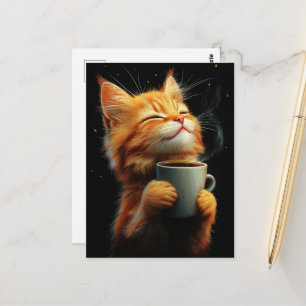 Carte Postale Chaton roux adorable avec un café
