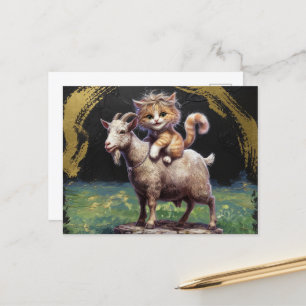 Carte Postale chaton roux adorable chevauchant une chèvre