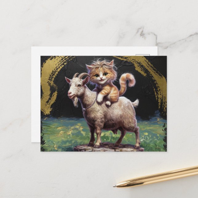 Carte Postale chaton roux adorable chevauchant une chèvre (Devant/Arrière en situation)