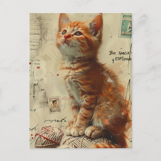 Carte Postale Chaton roux Collage de fil Mixte (Devant)