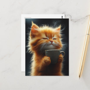 Carte Postale Chaton roux mignon heureux avec un café