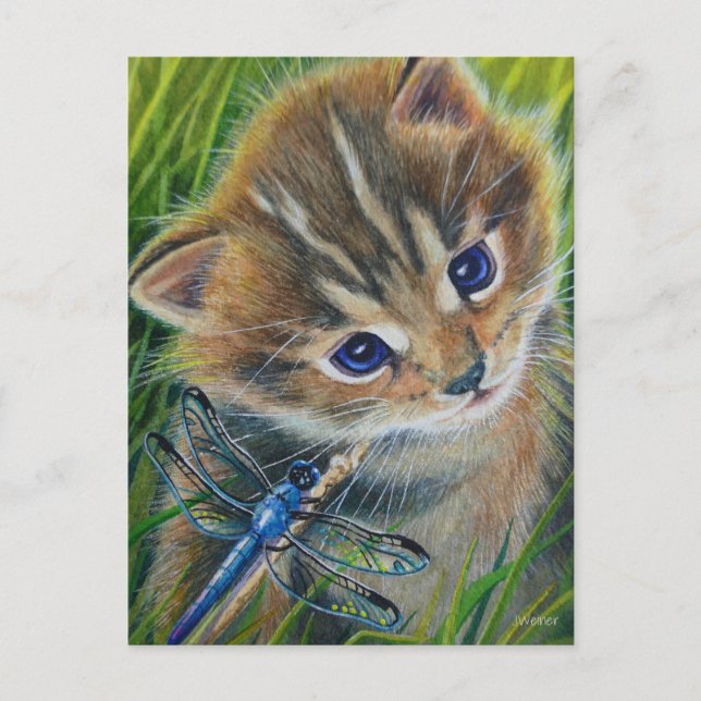 Carte Postale Chaton Tigré Brun et Libellule Art Aquarelle (Devant)