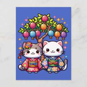Carte Postale Chatons de Tanabata en kimonos