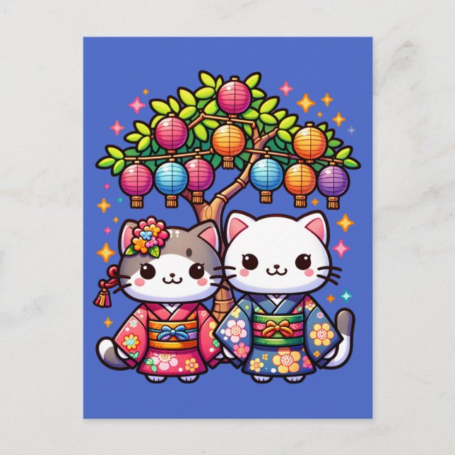 Carte Postale Chatons de Tanabata en kimonos (Devant)