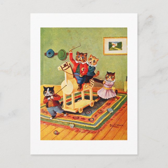 Carte Postale Chatons jouant avec un cheval en bois, Louis Wain (Devant)