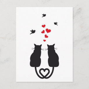 Carte Postale chats amoureux des coeurs et des oiseaux
