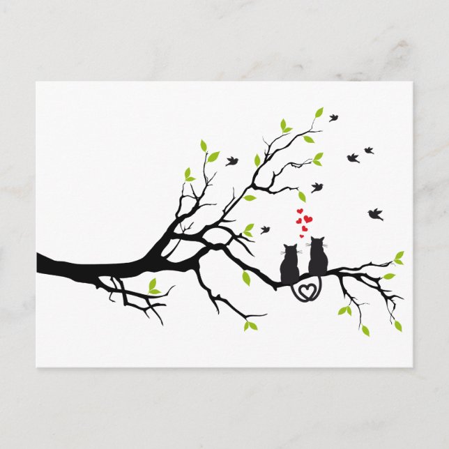 Carte Postale Chats amoureux des coeurs rouges sur l'arbre de pr (Devant)