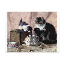 chats chatons jouer thé fête peinture antique