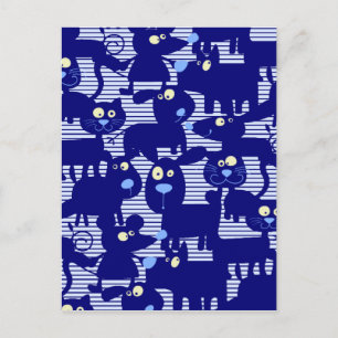 Carte Postale Chats - Chiens et souris en bleu