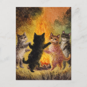Carte Postale Chats dansant autour du feu de camp