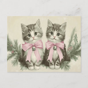 Carte Postale Chats de Noël vintage avec des rubans roses