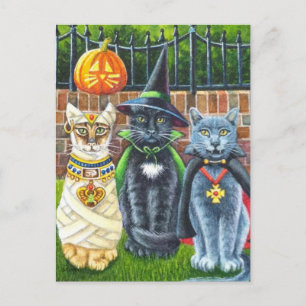 Carte Postale Chats d'Halloween en costume Aquarelle Art