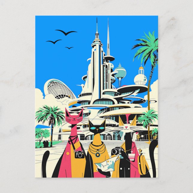 Carte Postale Chats en vacances Visiter l'avenir (Devant)