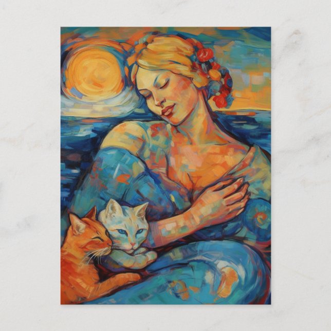 Carte Postale Chats et femme endormie à la plage (Devant)