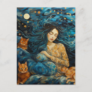 Carte Postale Chats et une femme endormie dans la nuit étoilée