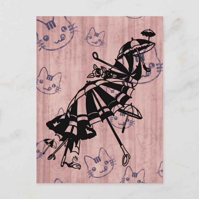 Carte Postale Chats Façades Parasols Parasols Dessin d'art d'enc (Devant)