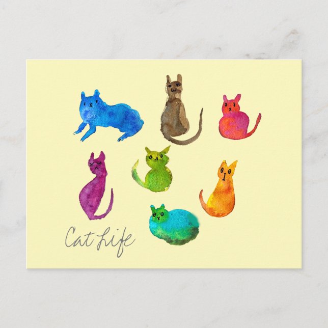 Carte Postale Chats fous colorés en aquarelle (Devant)