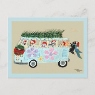 Carte Postale Chats fous dans leur van hippie de Noël