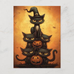 Carte Postale Chats noirs d'Halloween assis sur des Citrouilles.