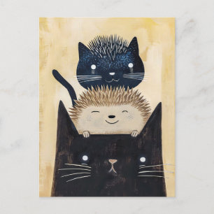 Carte Postale Chats noirs et hérisson