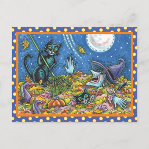 CARTE POSTALE CHATS NOIRS ET TÉMOIGNAGES EN FEUILLE, FUNNY HALLO