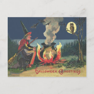 Carte Postale Chaudière de sorcière Chat noir Chauve-souris
