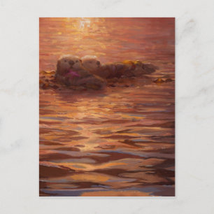 Carte Postale Chauffage de loutres au coucher du soleil flottant