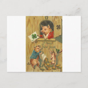Carte Postale chaussure de cheval chanceux et cochons