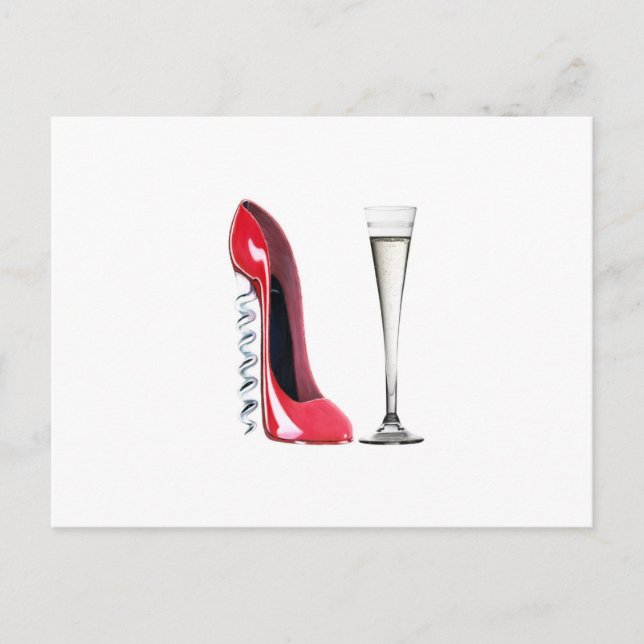 Carte Postale Chaussure Stiletto Champagne Flute Glass et Croche (Devant)