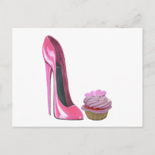 Carte Postale Chaussure Stiletto Rose et Cupcake