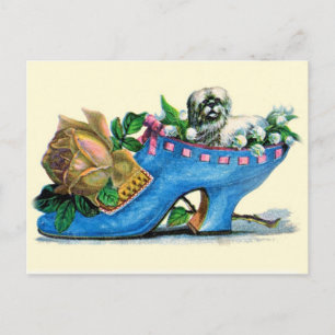 Carte Postale Chaussure victorienne avec chiot et Rose