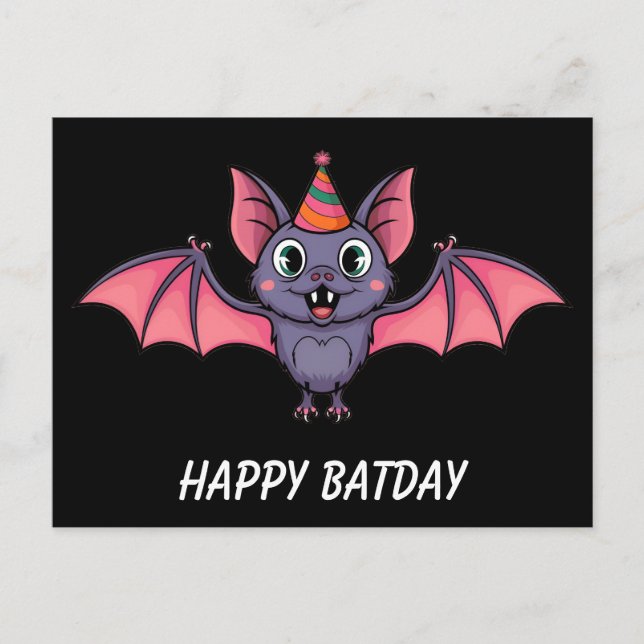 Carte Postale chauve-souris coupée portant un chapeau d'annivers (Devant)
