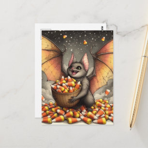 Carte Postale Chauve-souris mignonne d'Halloween avec des bonbon