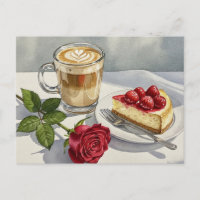 Carte postale Cheesecake Latte au café Rose rouge 