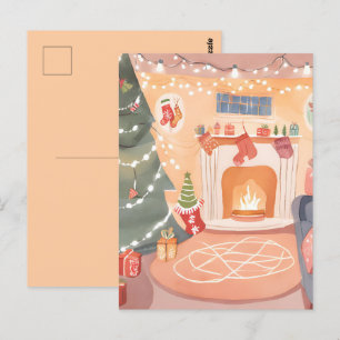Carte Postale Cheminée de Noël à l'aquarelle