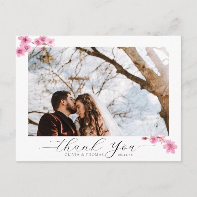 Carte Postale Cherry Blossom Calligraphie Mariage Photo Merci (Devant)