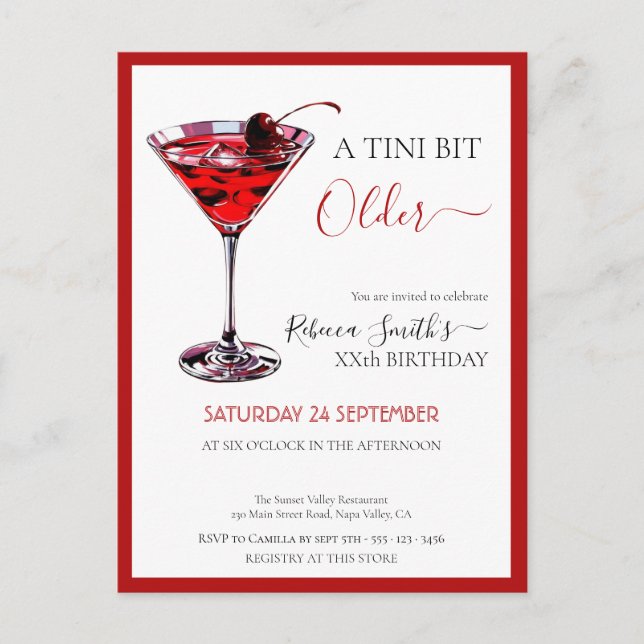 Carte Postale Cherry cocktail A tini bit Older, budget birthday (Devant)