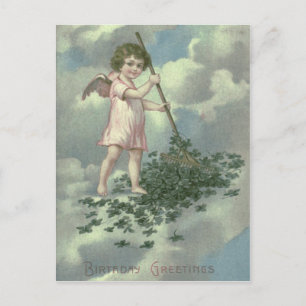 Carte Postale Chérubin Ange Trèfle à Quatre Feuilles Râteau