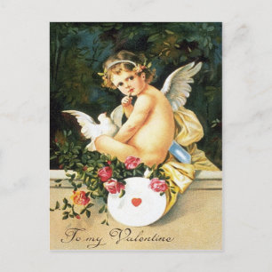 Carte Postale Chérubin Cupidon Colombe Rose Cœur
