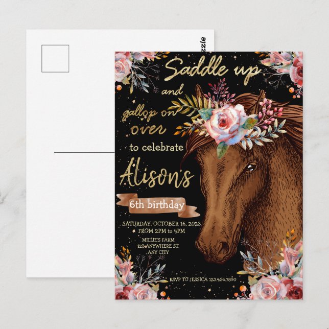 Carte Postale Cheval à l'aquarelle cheval anniversaire fête  (Devant / Derrière)