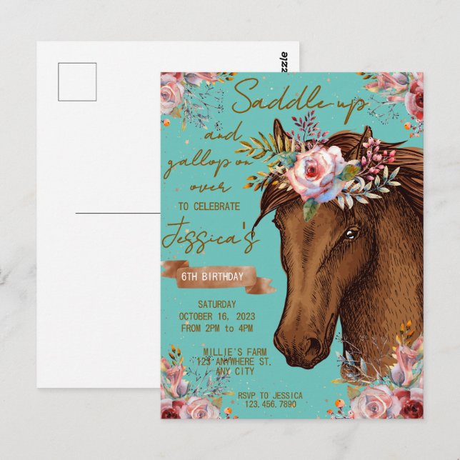 Carte Postale Cheval à l'aquarelle fête d'anniversaire de cheval (Devant / Derrière)
