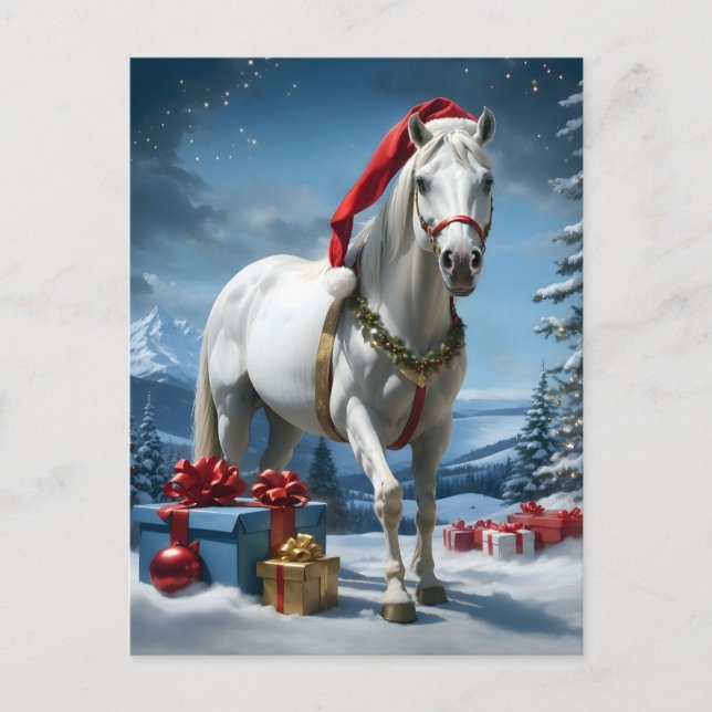 Carte Postale cheval avec chapeau santa et cadeaux de noël (Devant)