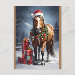 Carte Postale cheval avec chapeau santa et cadeaux de noël