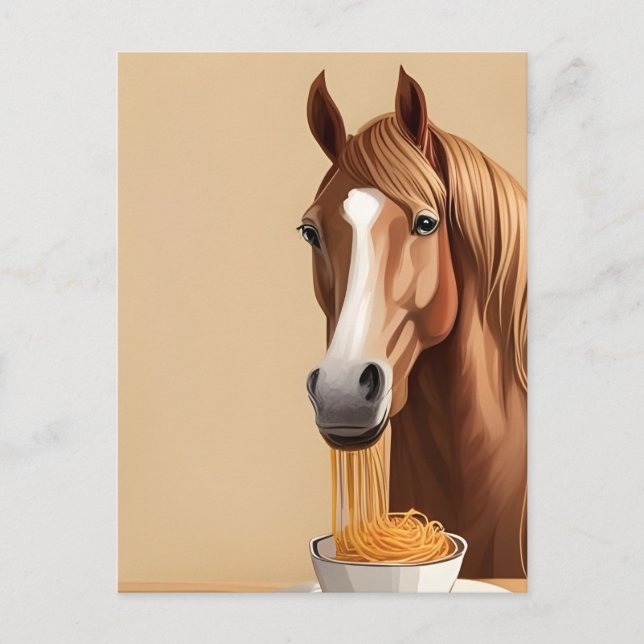 Carte Postale Cheval Avec Un Bowl De Spaghetti (Devant)