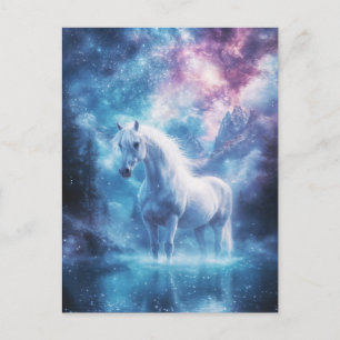 Carte Postale Cheval Blanc dans le lac Galaxy avec ciel nocturne
